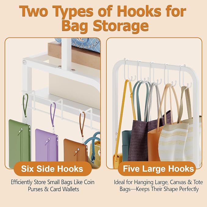 Tall 5-Tier Purse Organizer for Closet with 5 Purse Hanger, Large Purse Rack Stand with 6 Side Hooks, Adjustable Handbag Organizer Shelf, Space-Saving Narrow Purse Storage Organizer for Small Place