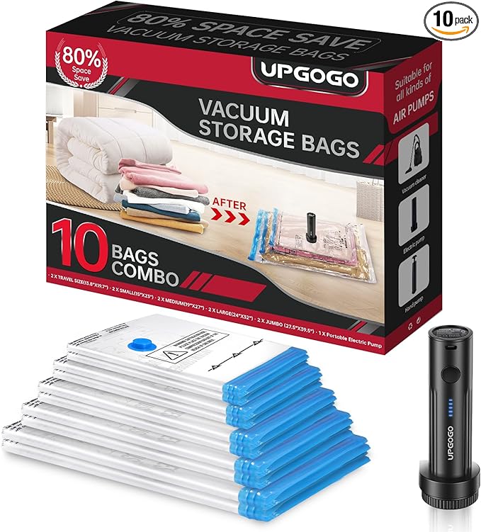 UPGOGO Vacuum Storage Bags with Portable Electric Pump,Vacuum Seal Bags for Clothing,Space Saver Bags,Vacuum Travel Bags for Luggage(Combo 10 Pack)