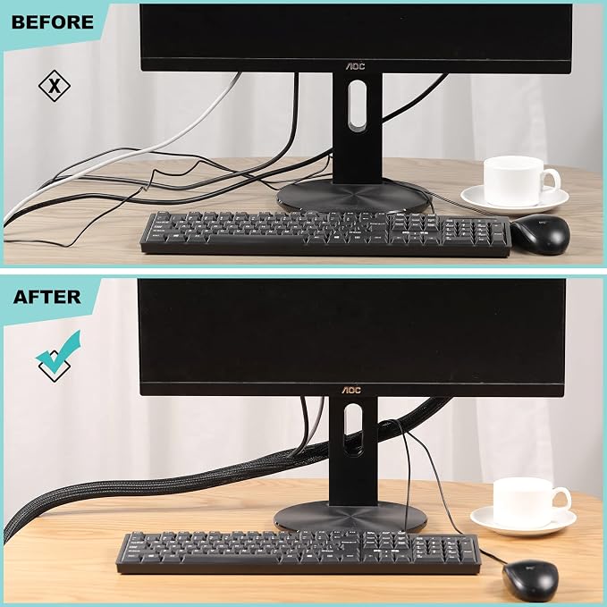 AGPTEK Cable Sleeve Desk Cable Management, 20ft - 1.2 inch, Black | Under Desk Cord Protector, Cable Wrap Wire Hider, Computer TV Wire Loom Tubing, Protect Cord from Cat Dog Chewing