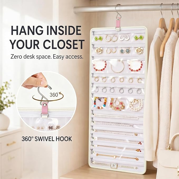 32-Pocket Hanging Jewelry Organizer and Foldable Travel Roll | Clear Zippered Pockets, Necklace Clasps, Swivel Hook and Carry Buckle Keep Pieces Visible and Tangle-Free, White