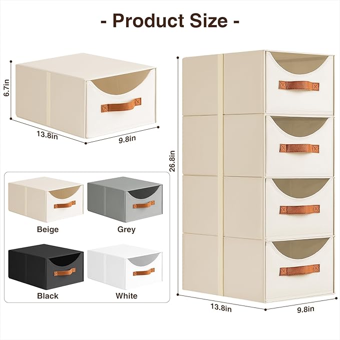 Homsorout Stackable Storage Drawers - Collapsible Storage Bins with Drawers, 4 Pack Closet Shelf Organizer Basket, Fabric Pull Out Organizer for Bedroom, Living Room, Dorm, Beige
