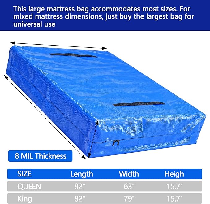 Heavy Duty Mattress Bags for Moving and Storage, Extra-Thick Queen Size Mattress Bag for Moving with 12 Handles, Reusable and Durable Storage Bag Protector with Zipper, Blue