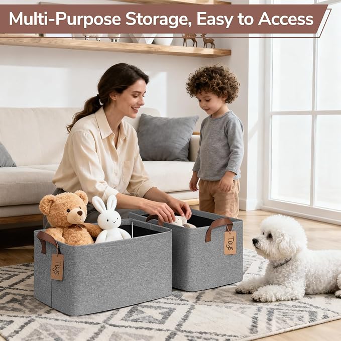 CHICVITA 4 Pack Large Storage Baskets for Shelves, Foldable Storage Bins for Clothes Towels Organization, Toy Organizer Bins for Nursery, Living Room, 16.8" x 11" x 9.8", Gray