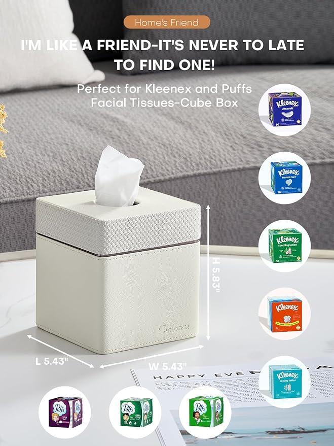 Tissue Box Holder Cover, Modern PU Leather Square Decorative Tissue Holder Organizer-Woven New Off White