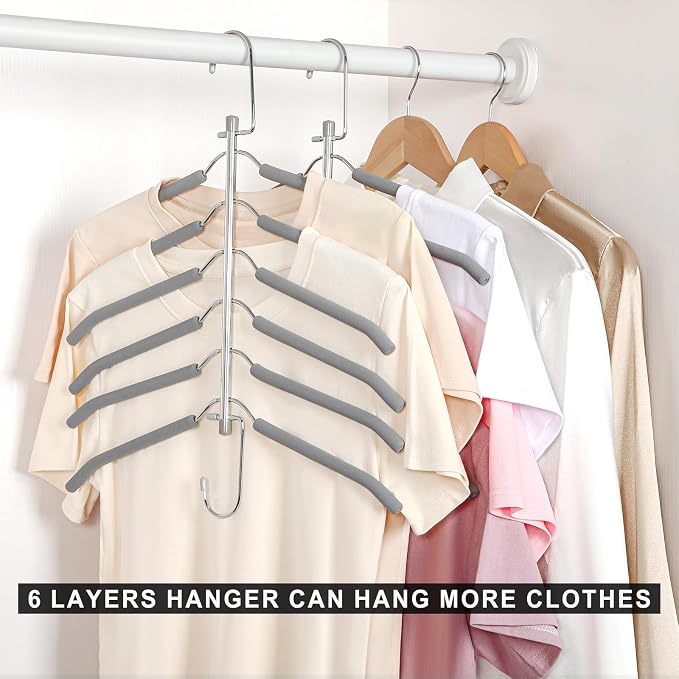 TOPIA HANGER Clothes Hanger Space Saving, 6 Tier Shirt Coat Hangers Space Saving No Bump Shoulder Hangers with No Slip Foam Padded Closet Organizers and Storage for Men and Women 4 Pack CT65G