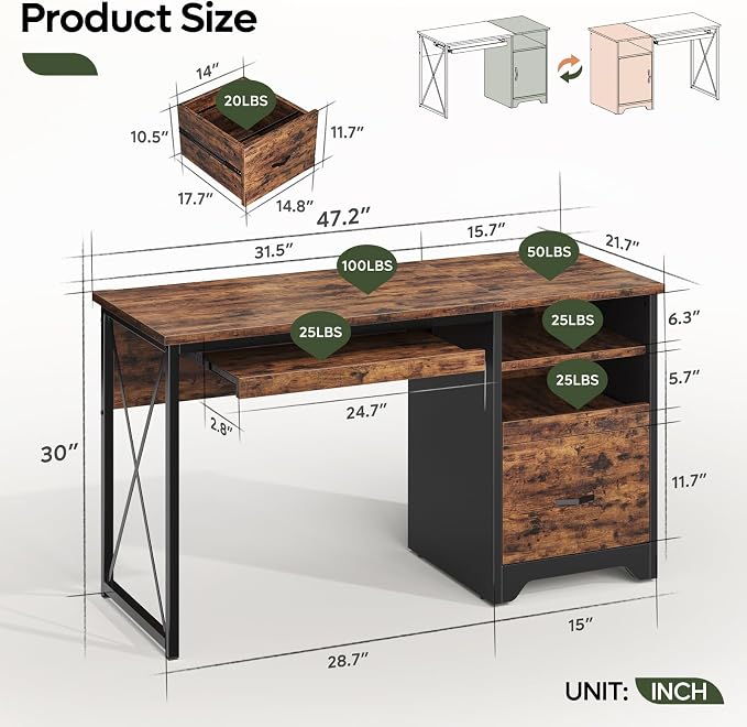 Bestier 47" Computer Desk with Drawers, Home Office Desk with Keyboard Tray, Reversible Industrial Office Desk with Storage Cabinet for Small Space Home Office & Studio, Rustic Brown | Storage Drawer, File Drawer Letter/Legal, Keyboard Tray, Cable Mana...