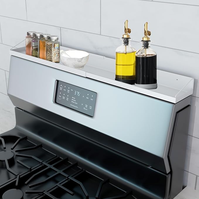 Magnetic Over the Stove Shelf, Extendable（16" to 30" ）Steel Spice Rack Shelf, Above Oven Storage Organizer, Stove Top Shelf for Kitchen Range, Back of Stove & Floating Shelves for Bathroom - White