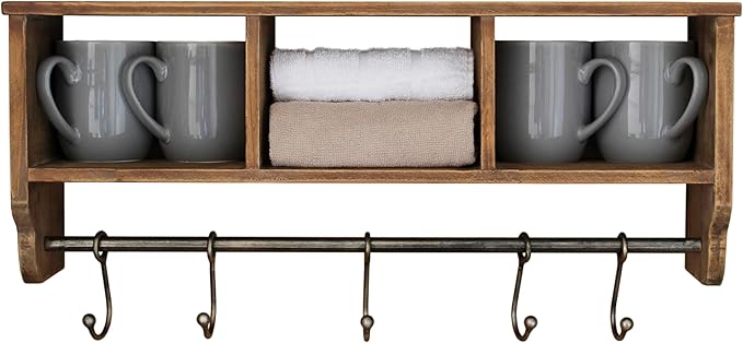BizChair Wall Mounted Storage Rack - Rustic Brown Solid Pine Wood - 24 Inch - Upper Shelf - 5 Hooks - Wire Baskets - For Entryway, Kitchen, Bathroom