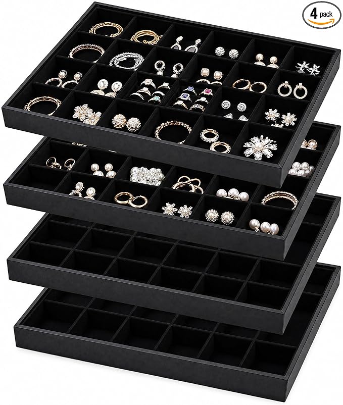 Unittype Set of 4 Stackable Jewelry Organizer Tray for Drawer Inserts Velvet Necklace Earring Bracelet Ring Holder Jewelry Display Storage Box for Bangle Stud Necklace Ring(24 Grid,Black)