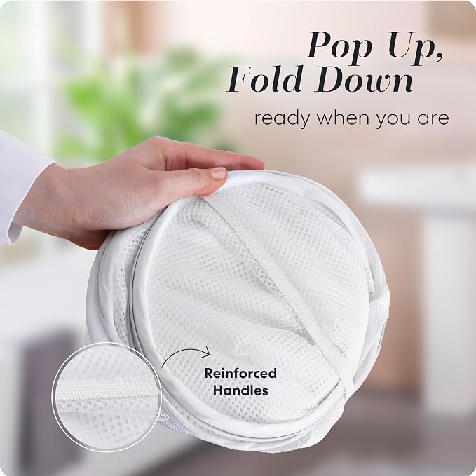 Pop Up Laundry Hamper, Collapsible Mesh Clothes Basket - Handy Laundry 71L Foldable Clothes Basket with Reinforced Handles, Wide Opening and Side Pocket for Dorm, Travel, Cruise, Bedroom (White)