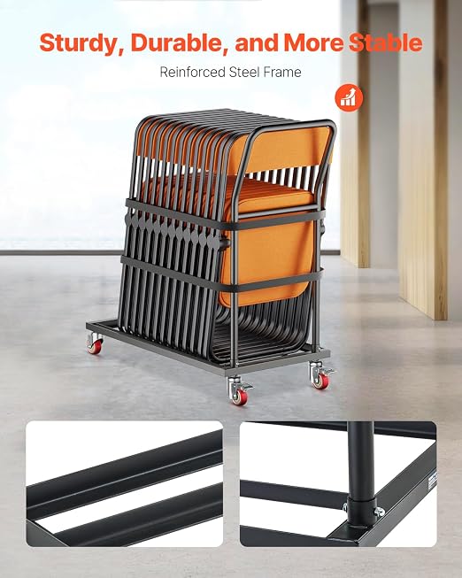 VEVOR Folding Chair Rack, 300 LBS Capacity, L-Shape Vertical Placement Chair Cart for 25 Chairs, Heavy-Duty Metal Chair Storage Dolly with Rubber Wheels, Multi-Function Chair Holder, Matte Black