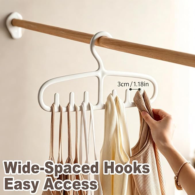 Tank Top Hangers 2 PCS, Space Saving Closet Organizer with 6 Hooks, Durable PP Hangers for Camisoles Bra Scarf, Tie, Belt, Hat, Handbag, White