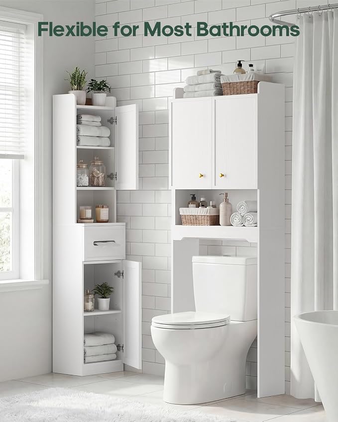 7-Tier Over Toilet Storage Cabinet, 2-in-1, Separable Bathroom Storage | Over-Toilet and Tall Narrow Cabinet, with Doors, Adjustable Shelf, Big/Small Room, Laundry, Tissue Holder, Anti-Tip, White