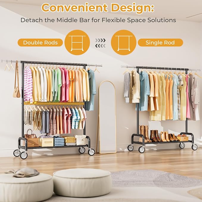Heavy Duty Clothes Rack Load 860LBS, Double Rods Rolling Clothing Racks for Hanging Clothes, Rolling Garment Rack With Sturdy Wheels Shelves, Portable & Adjustable Commercial Garment Rack, Black