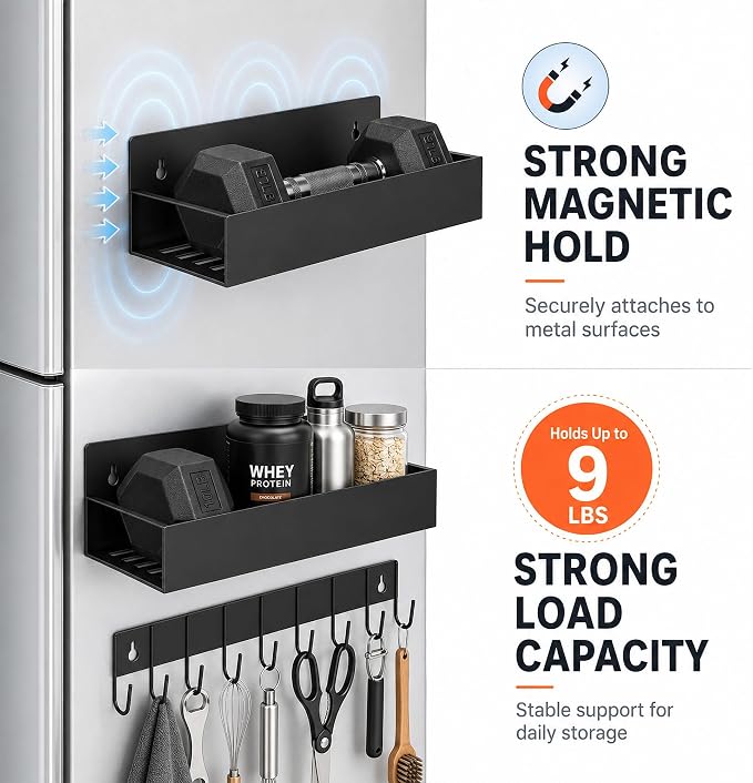 SMRCAD Metal Magnetic Spice Rack 4 Pack with Hook – Heavy-Duty | Iron construction, dust-resistant, fits condiment bottles, includes screws for optional wall mount