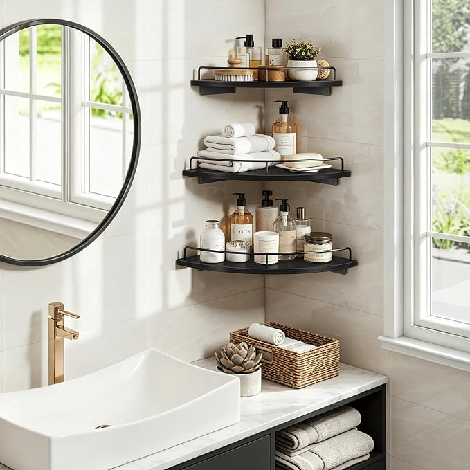 Homode 3 Tier Corner Floating Shelves, Wooden Corner Shelf Wall Mount 9/10/12 Inch with Guardrail, Rounded Hanging Corner Wall Storage Shelving for Bedroom Bathroom Kitchen Office, Black