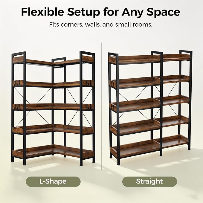 GTPLAYER 5-Tier Corner Bookshelf, L-Shaped Metal Frame Shelf with Tall 14" Shelves, Plant Stand and Storage Rack for Small Spaces, Living Room and Home Office, Brown