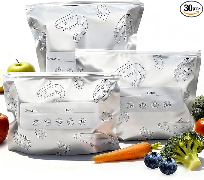 Aluminum Foil Food Storage Bags, Reusable Freezer Bags for Refrigerator, Stand Up Airtight Vacuum Sealer Bags, Heavy Duty Smell Proof Lock Freshness, Perfect for Meat, Vegetables (30, 3 SIZE / 30 PCS)