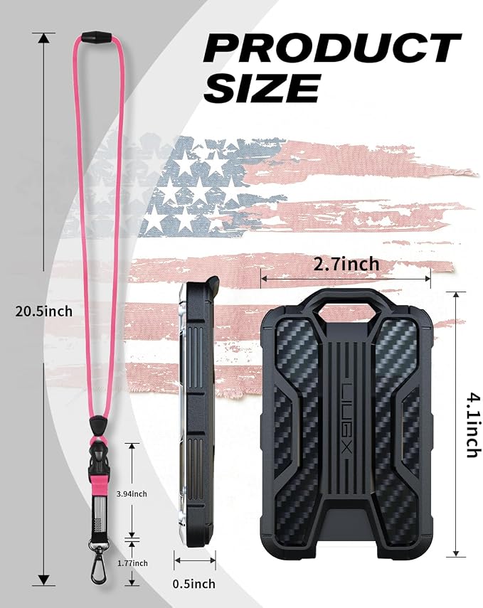 LIUGX Badge Holder with Breakaway Lanyard, Carbon Fiber-Texture, 6 Cards | American Flag, Quick Release Detachable Buckle, Metal Clip, Heavy Duty ID Card Holder, for Work, Office, Easy to Use, Pink