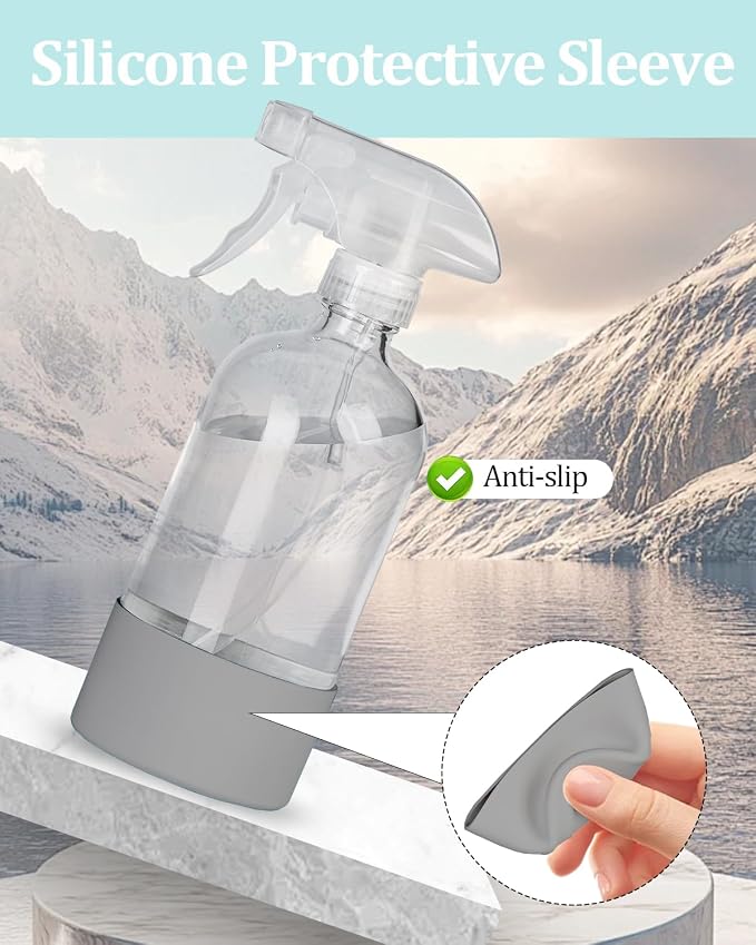 2 Pack 360° Glass Spray Bottles with Silicone Sleeve, 16 oz Empty Refillable Containers with Adjustable Spray Nozzles, Spray Bottles for Hair, Cleaning Solutions and Plants Grey