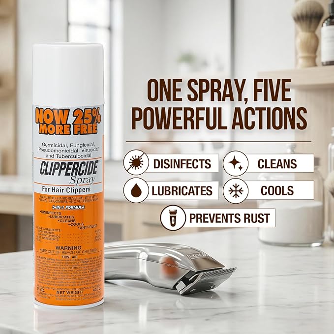 CLIPPERCIDE 5-in-1 Clipper Disinfectant Spray 15oz, 1 Pack | Cleans, Lubricates, Cools, Prevents Rust & Disinfects | Professional Clipper Spray for Barbers, Stylists & Pet Groomers | Made by BARBICIDE