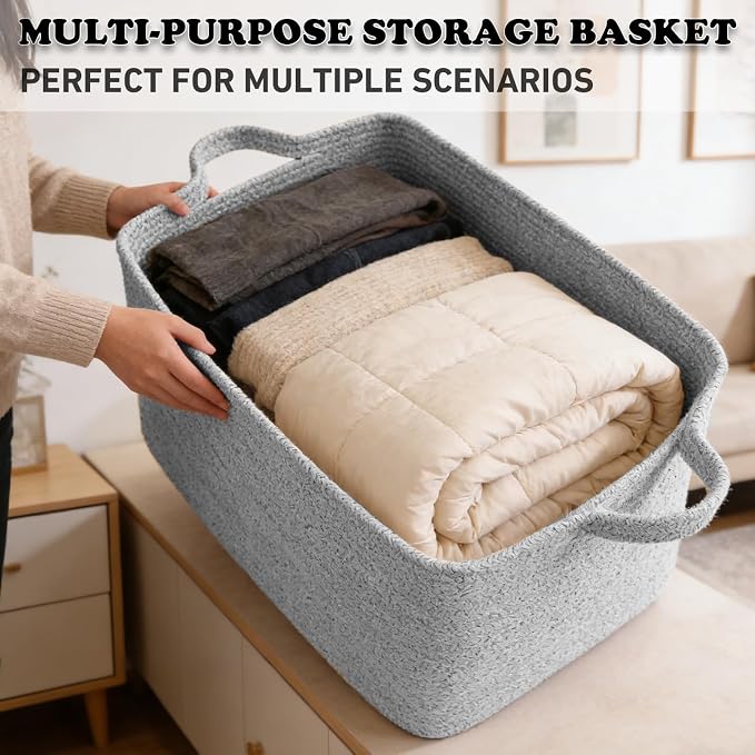 65L Collapsible Woven Rope Laundry Basket with Handles, Grey | 21x16x12 Foldable Rectangular Blanket Basket for Toys, Clothes & Pillows,Ideal for Nursery, Bathroom, Bedroom, Living Room
