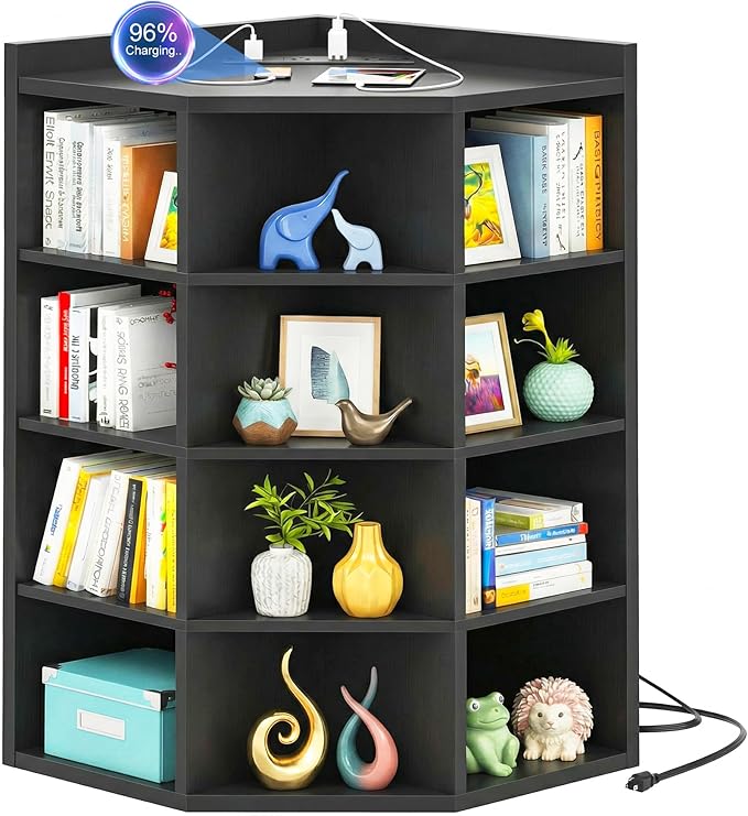 Aheaplus Corner Cube Book Shelf, 5-Tier Corner Cabinet with Power Outlets, Corner Cube Storage Shelf with Top Table, Wooden L Shaped Cubby Bookcase for Home Office, Bedroom, Living Room, Black