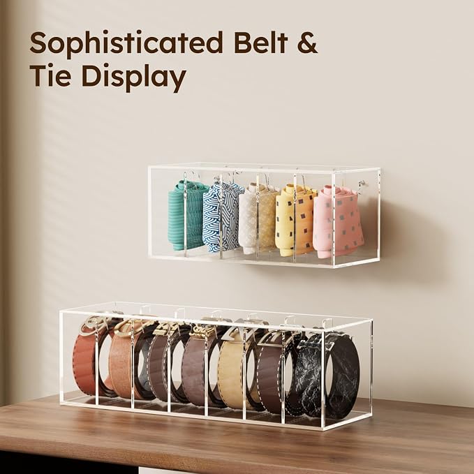 FEMELI Acrylic Belt Organizers for Closet 5-Slots Belt box with Dust Cover | Acrylic Clear Shelf Belts Holders for Closet& Drawer Womens Men Belts Tie Jewelry Storage Organizers Case
