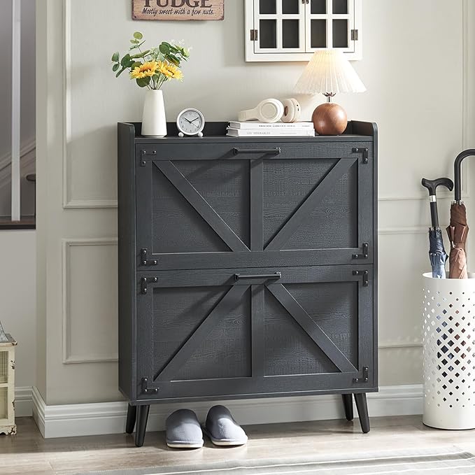 Barnyatoh Shoe Storage Cabinet with 2 Flip Drawers, Farmhouse Hidden Shoe Organizer, Narrow Slim Shoe Rack Cabinet for Entryway Hallway,Black