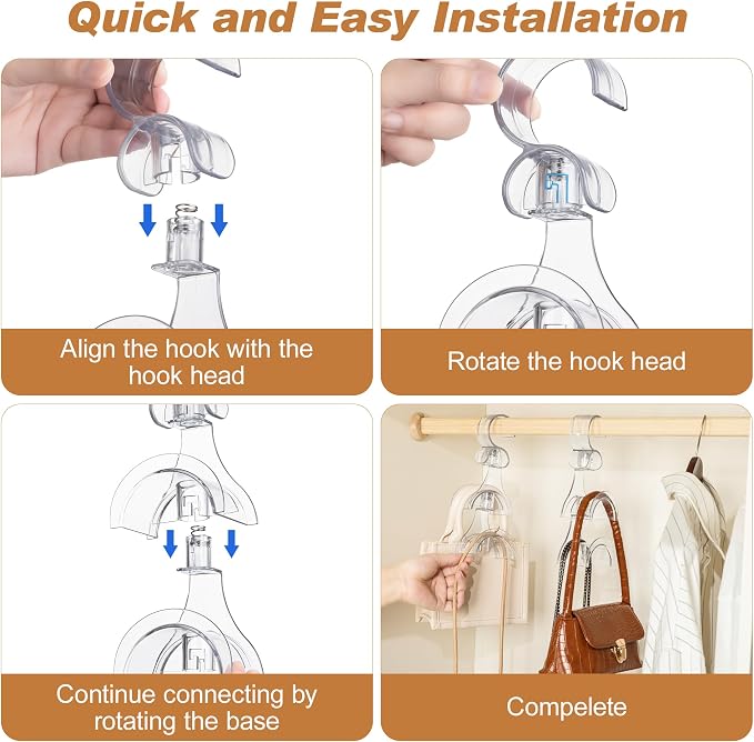 Clear Purse Hanger for Closet, 2 Pack Wardrobe Rod Vertical Hanging Handbag Organizer with 4 Holders, Keeps Bags Non-Crushed and Neatly Stored, Smooth Purse Storage Hooks, Easy Access