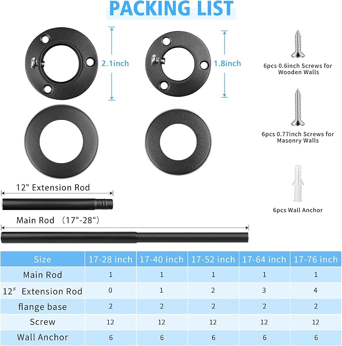 Closet Rods For Hanging Clothes, 17-40 Inch Adjustable Closet Rod, Stainless Steel Heavy Duty Closet Hanging Rod-Black