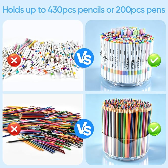 JIKIOU 430pcs Acrylic Pencil Holder Marker Organizer 360-Degree Rotating | 5.9 inch higher, durable acrylic made,multipurpose 5 square slots, large capacity for holding 430pcs pencils or 200pcs pens