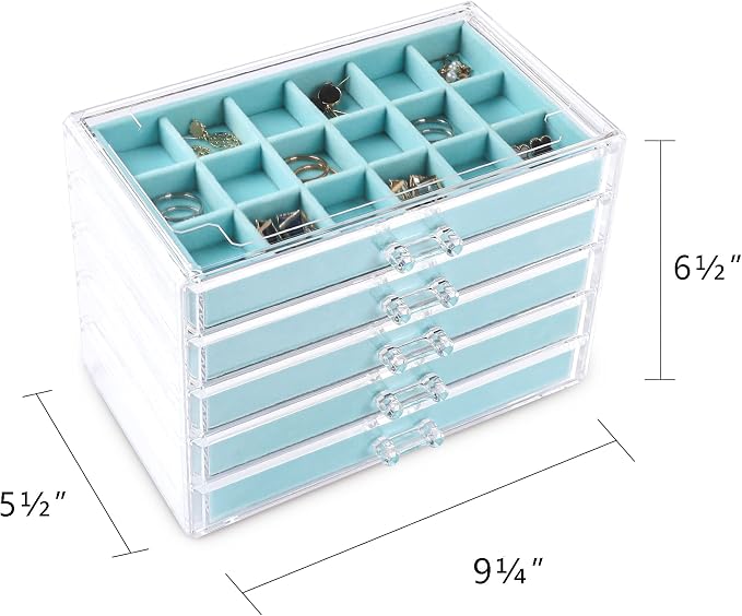 Frebeauty Acrylic Jewelry Organizer Earring Organizer Box with 5 Drawers Earring Holder Organizer with Velvet Trays Clear Jewelry Box for Women Earring Display for Rings Studs(Turquoise) | 61 Jewelry Storage Grid for Rings Studs Bracelet,Velvet Lining,...