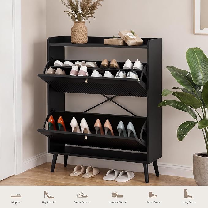BERRYMERRY 31.5” Fluted Shoe Cabinet Storage with 2 Flip Drawers,Freestanding Narrow Shoe Storage Organizer Cabinet with Wave Profile for Entryway,Hallway,Living Room (2 Drawers Black)
