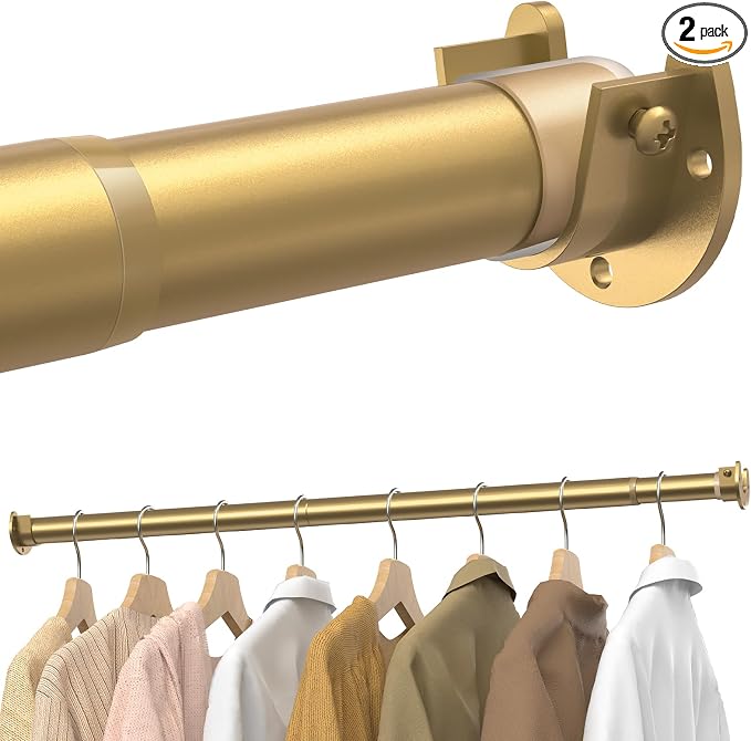 Supforce 2 Pack Closet Rods for Hanging Clothes, 17 to 39 Inches Stepless Adjustable Metal Closet Rod, 1.3 Inches Heavy Duty Clothes Hanging Rod for Closet Wardrobes Laundry RV, Golden