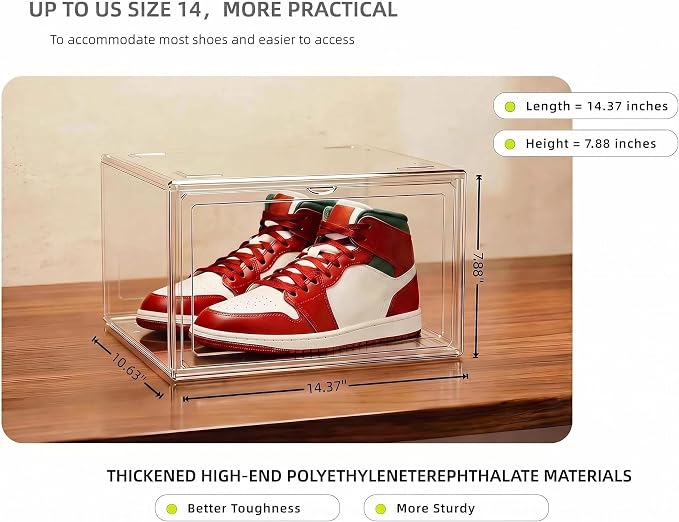 4 Pack Thickened Shoe Boxes Clear Plastic Stackable, Substantial Sneaker Storage Organizers with Lids, Collapsible, Large Magnetic Door, Heavy Duty, Fit Up to US Size 14