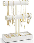 VLANDO 2 Tier Bracelet Holder with Tray - Leather Jewelry Stand Organizer for Women - Necklace Holder Display for Necklace, Watches, Rings, Earrings, Bangle, Scrunchie - White