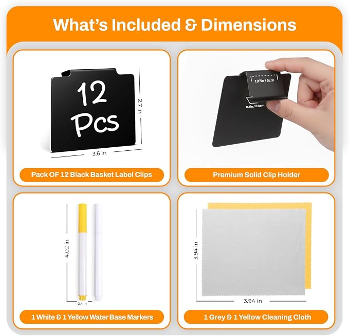 12 Pcs Basket Labels Clip on for Pantry Organization and Storage bin Labels with 2 Markers and 2 Wipe Cloths Reusable Chalk Basket Labels - Black Bin Labels Clip on Chalkboard Basket Tags