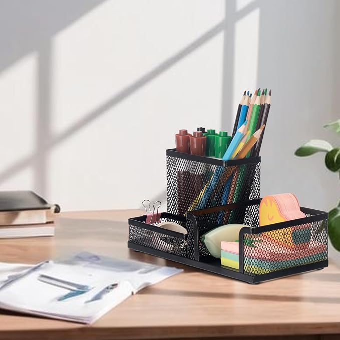 Comix Mesh Pen Pencil Holder Desk Organizer, 3 Compartment Wire Desktop Pen Pencil Cup Caddy Office Supplies Sticky Notes Holder for Home Office School, Black