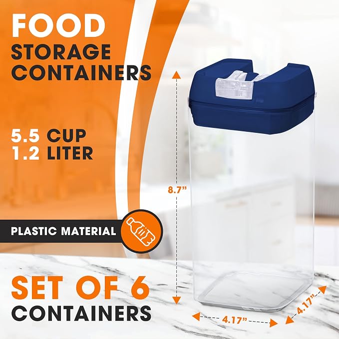 Set of 6 Airtight Food Storage Containers - Pantry Organizer Bins, BPA Free Plastic Containers plus Dry Erase Marker and Labels, Navy
