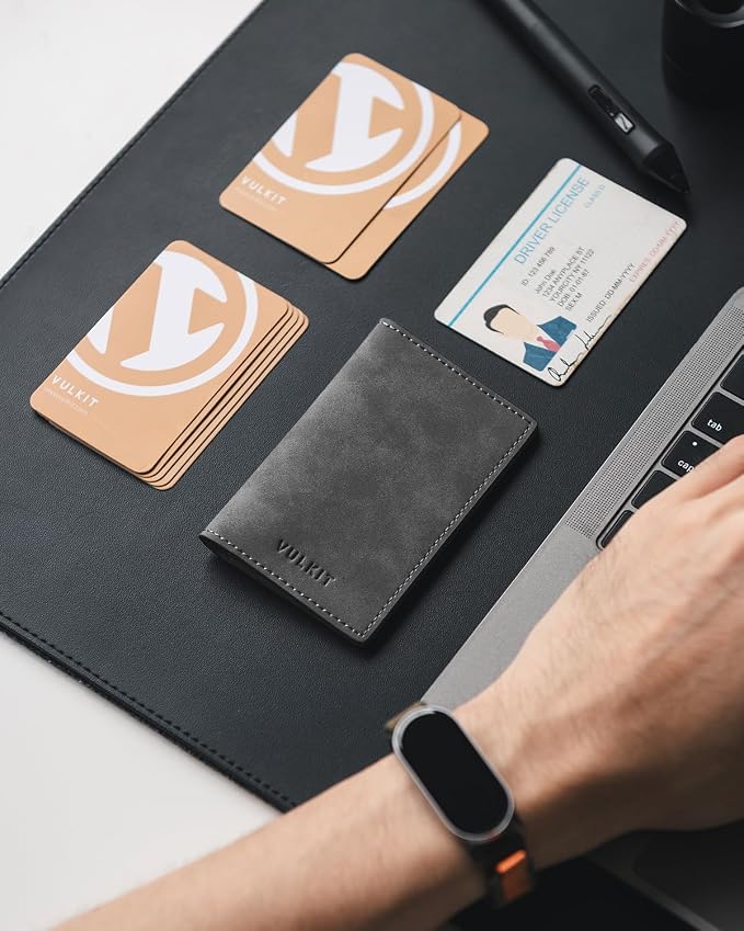 VULKIT Leather Business Card Holder 2 Sided Slim Business Name Card Organizer for Men or Women (Yangba Grey)