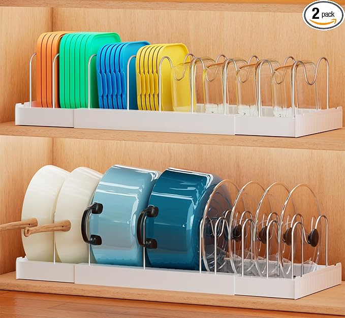 Antigo 2 Pack Expandable Pots and Pans Organizer, lid organizer | 9 Adjustable Stainless Steel Dividers，For Kitchen Countertop Cabinet and Pantry, For Food Container lid, 12.6"-22.4" Wide