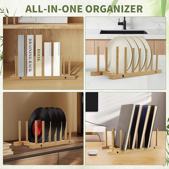 DEBETOOL 2 Pack Wooden Dish Rack Holder - Bamboo Plate Organizer for Cabinet Dishes Pots Lid & Cutting Boards, Kitchen Cabinet Space Saving Storage Solution