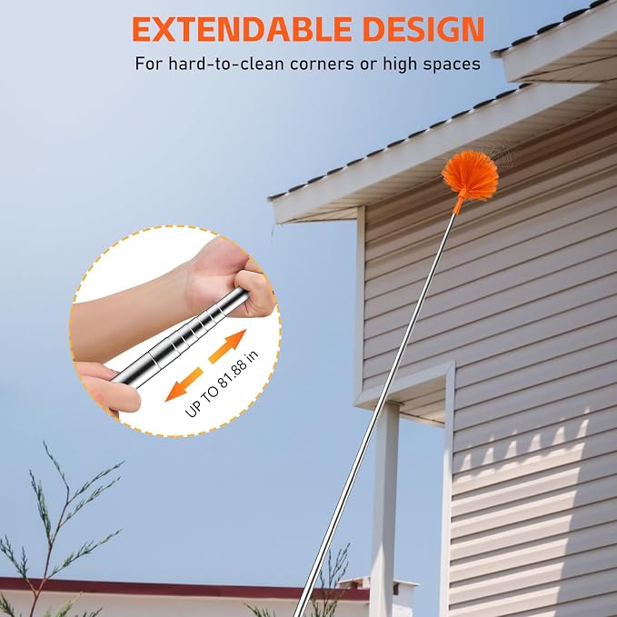 SetSail Cobweb Duster with Extension Pole, Retractable Dusters for Cobweb Cleaning 90-inch Long Handle Spider Web Brush for Outdoor Indoor High Ceilings Fan, Orange