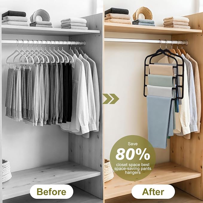 Pants Hangers Space Saving, 2 Pack Velvet-Coated Plastic Multi-Layer Hangers, Non-Slip Closet Organizer for Small Closets and College Dorms, Hanging Trousers, Scarves, Ties, Towels, Black