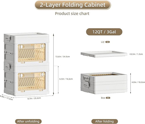 12 QT / 3 Gal Foldable Storage Cabinet with Clear Double Doors Organizer, Transparent Front & Back, Pull to Setup, Rolling Storage Bin for Closet/Living Room