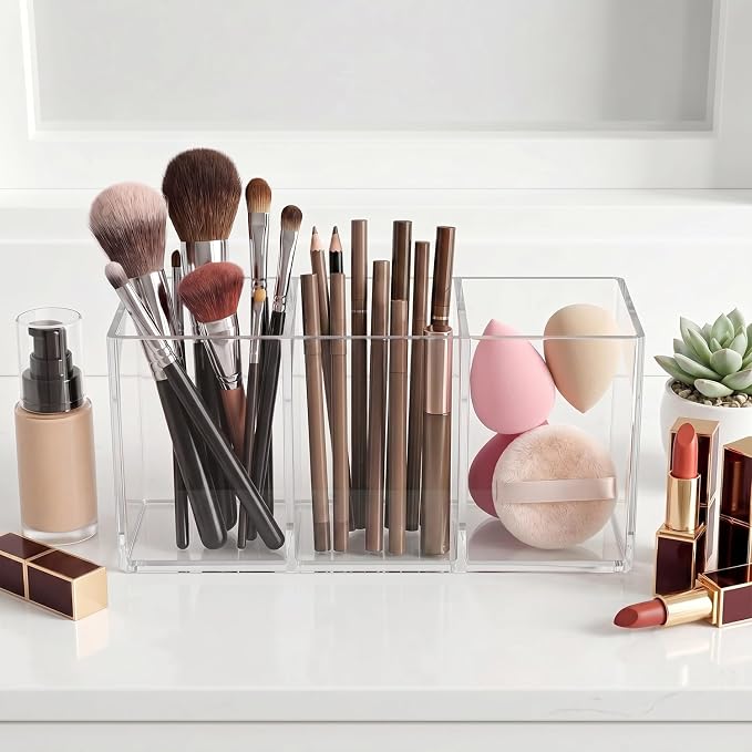Clear Acrylic Pencil Holder, 3 Compartment Cup Pen Holder for Desk | Desk Organizer for Office School, Makeup Brush Holder for Girls