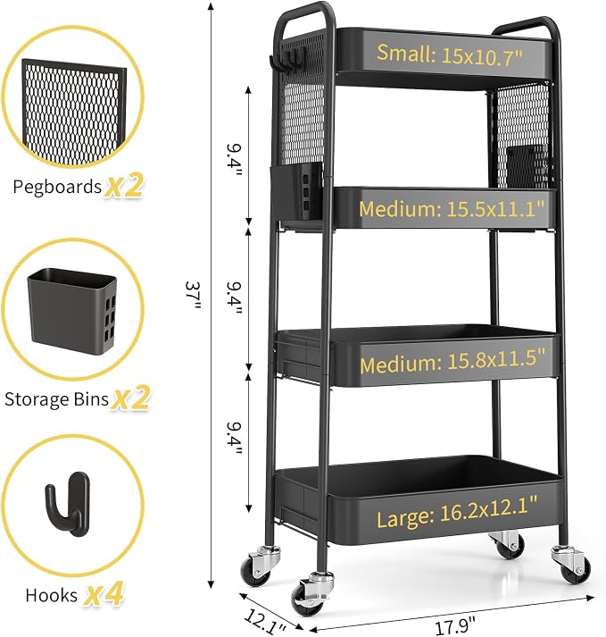 TOOLF 4 Tier Rolling Cart with Pegboard, Metal Storage Organizer Cart with Wheels, Hooks & Bins Esthetician Craft Art Sturdy Storage for Bathroom, Kitchen, Office, Nursery Diaper