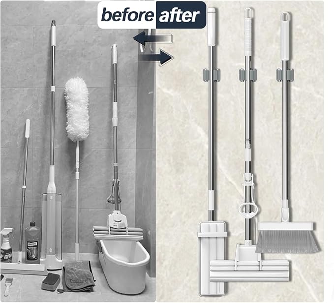 3-H Mop and Broom Holder Wall Mount 6 Pack, Broom Holder for Garage Garden Shed Storage System Laundry Room Home Kitchen Organization up to 1.45 Inch(Grey)