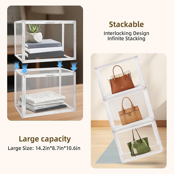 CELSOL Clear Acrylic Display Case – Stackable Storage Box with Magnetic Lid, Dustproof Organizer for Collectibles, Figures, Shoes, and Books – Large Size 14.2"x8.7"x10.6"